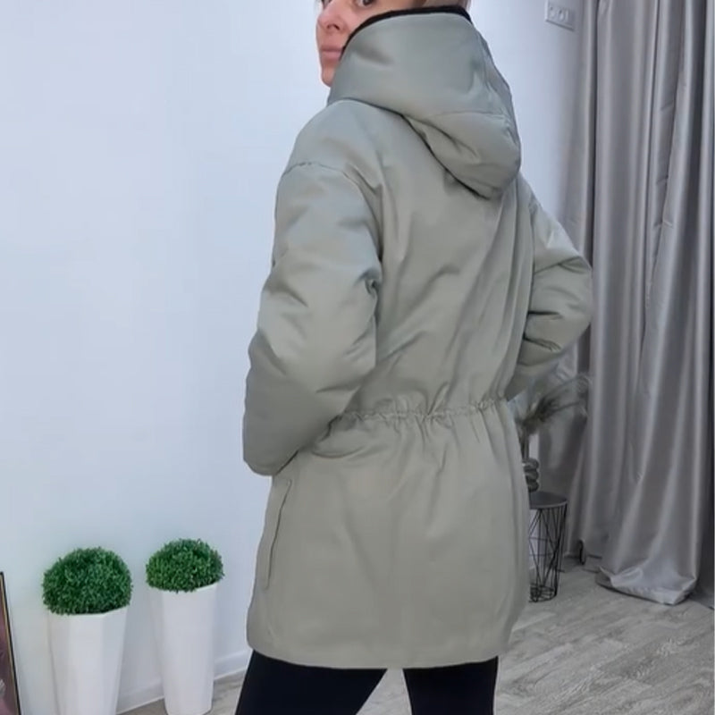 Women's Hooded Parka Jacket with Adjustable Waist & Pockets