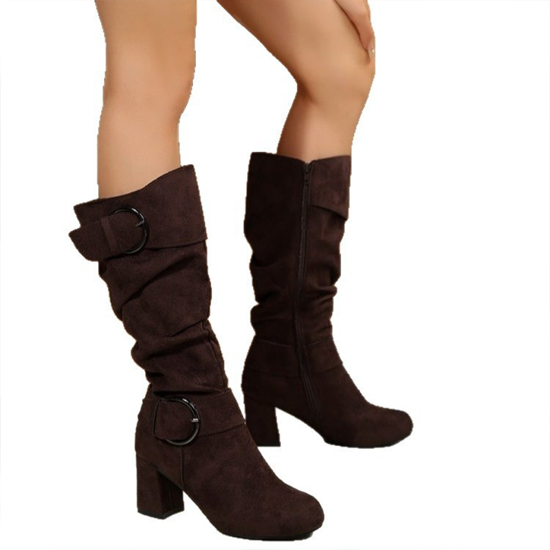 Women's Suede Mid-Calf Boots with Buckle Detail