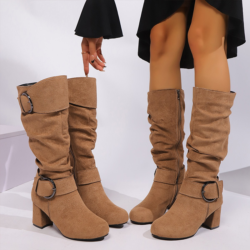 Women's Suede Mid-Calf Boots with Buckle Detail