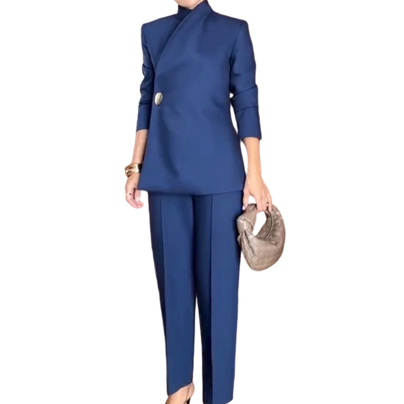 Asymmetric High-Neck Two-Piece Suit Set