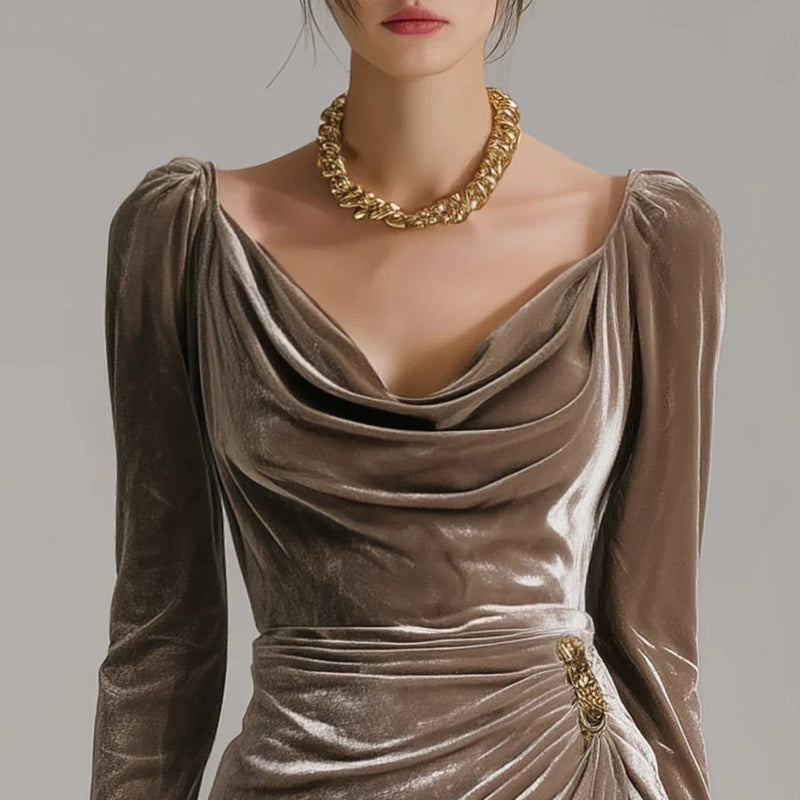 ✨Comfortable and elegant! 💃Long Sleeve Cowl Neck Ruched Slit Dress