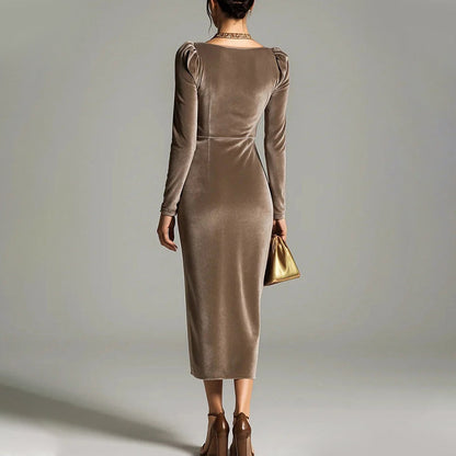✨Comfortable and elegant! 💃Long Sleeve Cowl Neck Ruched Slit Dress
