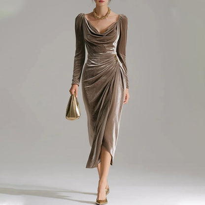 ✨Comfortable and elegant! 💃Long Sleeve Cowl Neck Ruched Slit Dress
