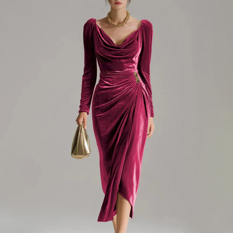 ✨Comfortable and elegant! 💃Long Sleeve Cowl Neck Ruched Slit Dress