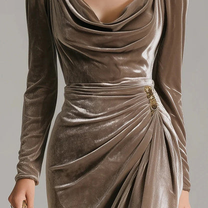 ✨Comfortable and elegant! 💃Long Sleeve Cowl Neck Ruched Slit Dress