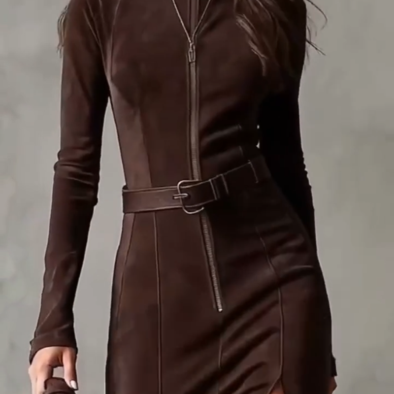 🖤Black Friday topper!✨ Lange Mouwen Maxi Jurk van Imitatiesuède met Rits – Luxe Faux Suede, Visstaart Silhouet & Zijdschlit (Elegant voor Meerdere Gelegenheden!)