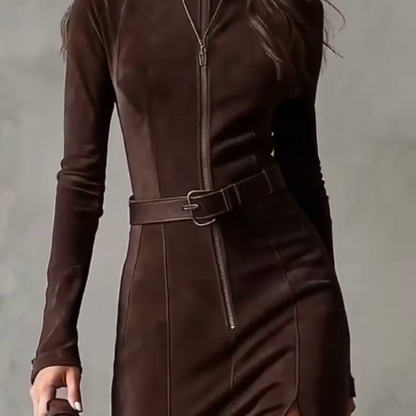 🖤Black Friday topper!✨ Lange Mouwen Maxi Jurk van Imitatiesuède met Rits – Luxe Faux Suede, Visstaart Silhouet & Zijdschlit (Elegant voor Meerdere Gelegenheden!)