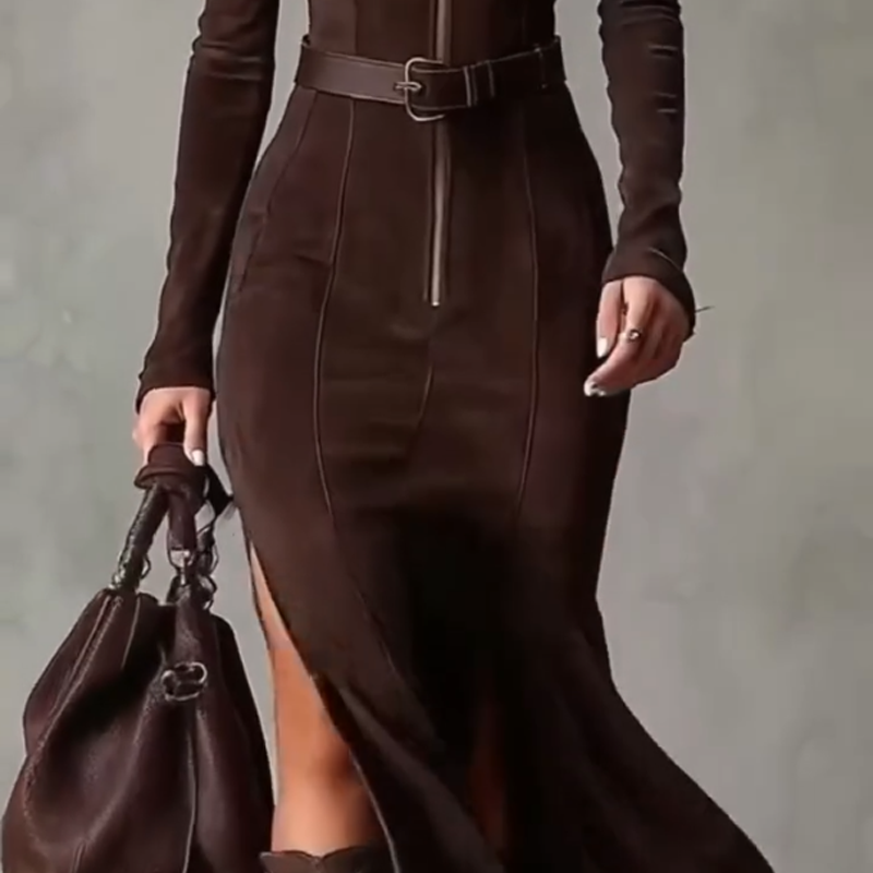 🖤Black Friday topper!✨ Lange Mouwen Maxi Jurk van Imitatiesuède met Rits – Luxe Faux Suede, Visstaart Silhouet & Zijdschlit (Elegant voor Meerdere Gelegenheden!)