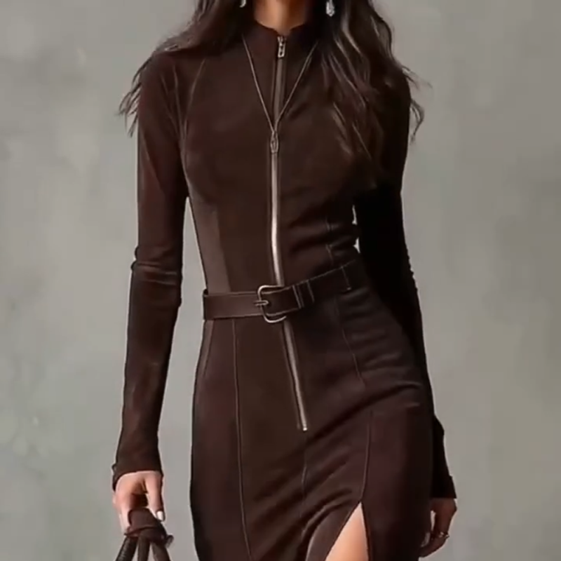 🖤Black Friday topper!✨ Lange Mouwen Maxi Jurk van Imitatiesuède met Rits – Luxe Faux Suede, Visstaart Silhouet & Zijdschlit (Elegant voor Meerdere Gelegenheden!)