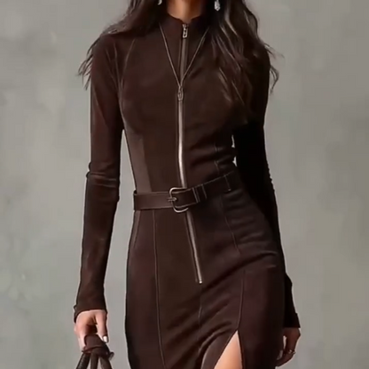 🖤Black Friday topper!✨ Lange Mouwen Maxi Jurk van Imitatiesuède met Rits – Luxe Faux Suede, Visstaart Silhouet & Zijdschlit (Elegant voor Meerdere Gelegenheden!)