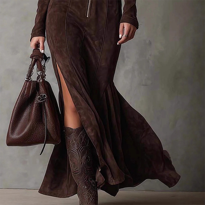 🖤Black Friday topper!✨ Lange Mouwen Maxi Jurk van Imitatiesuède met Rits – Luxe Faux Suede, Visstaart Silhouet & Zijdschlit (Elegant voor Meerdere Gelegenheden!)