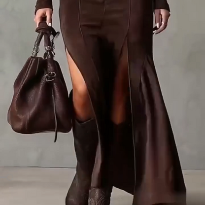🖤Black Friday topper!✨ Lange Mouwen Maxi Jurk van Imitatiesuède met Rits – Luxe Faux Suede, Visstaart Silhouet & Zijdschlit (Elegant voor Meerdere Gelegenheden!)
