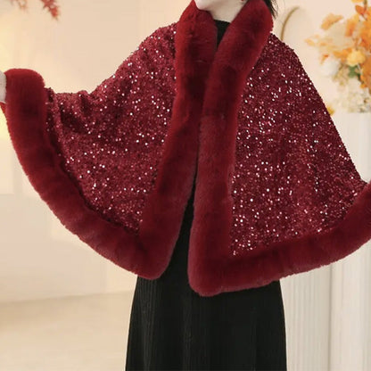 Women's Elegant Faux Fur Sequined Shawl Wrap