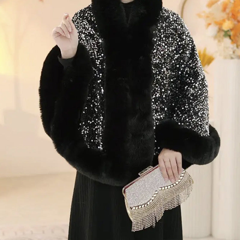 Women's Elegant Faux Fur Sequined Shawl Wrap