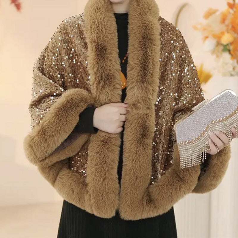Women's Elegant Faux Fur Sequined Shawl Wrap