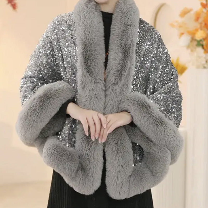Women's Elegant Faux Fur Sequined Shawl Wrap