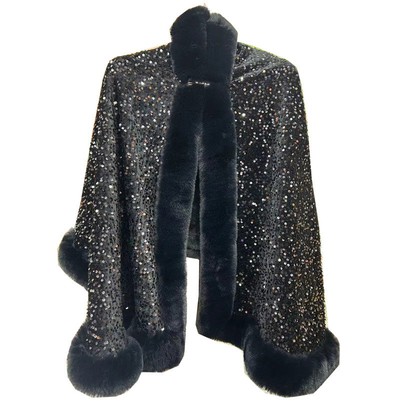 Women's Elegant Faux Fur Sequined Shawl Wrap