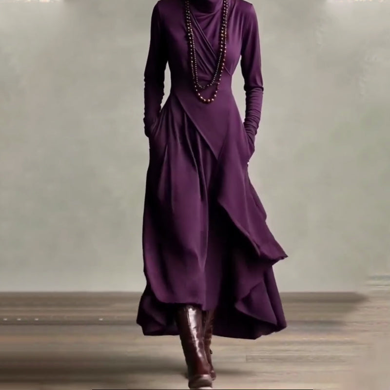 Women's Elegant High-Neck Asymmetrical Draped Maxi Dress