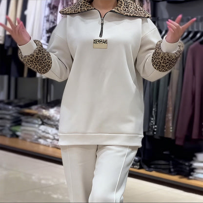 Women's Fashion Leopard Print Half-Zip Tracksuit 
