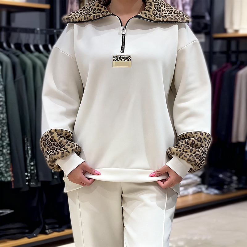 Women's Fashion Leopard Print Half-Zip Tracksuit 