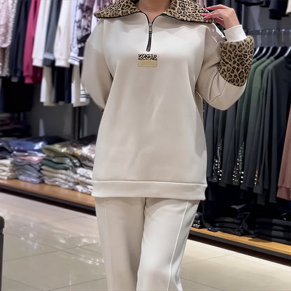 Women's Fashion Leopard Print Half-Zip Tracksuit 