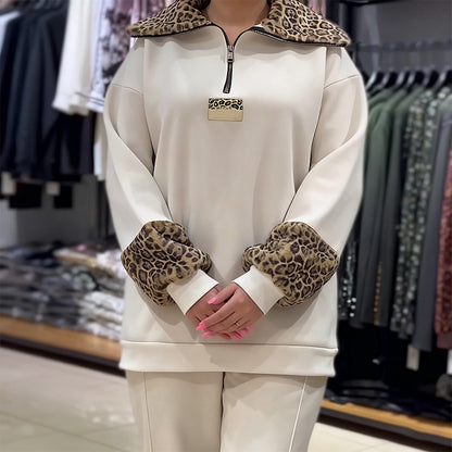 Women's Fashion Leopard Print Half-Zip Tracksuit 