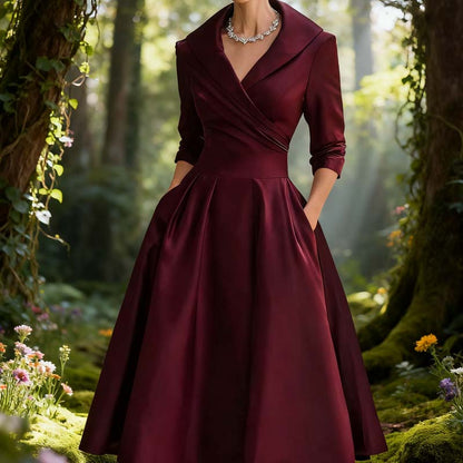 Women's Long-Sleeve Pleated A-Line Midi Dress