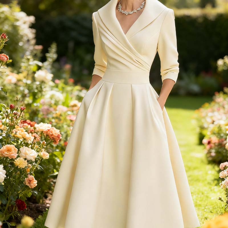 Women's Long-Sleeve Pleated A-Line Midi Dress