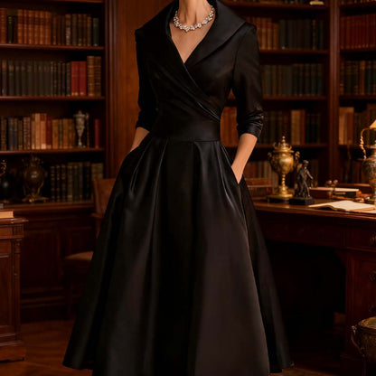 Women's Long-Sleeve Pleated A-Line Midi Dress
