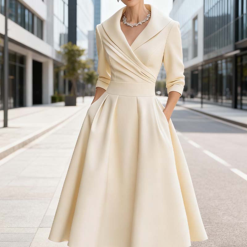 Women's Long-Sleeve Pleated A-Line Midi Dress