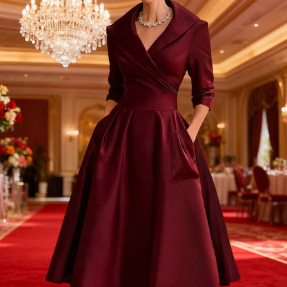 Women's Long-Sleeve Pleated A-Line Midi Dress