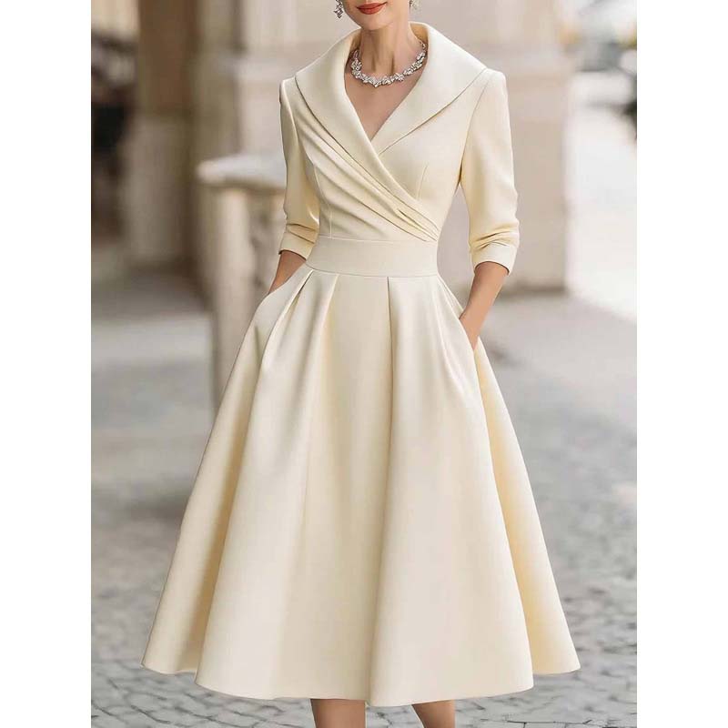 Women's Long-Sleeve Pleated A-Line Midi Dress