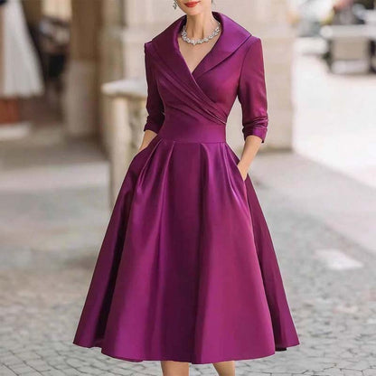 Women's Long-Sleeve Pleated A-Line Midi Dress