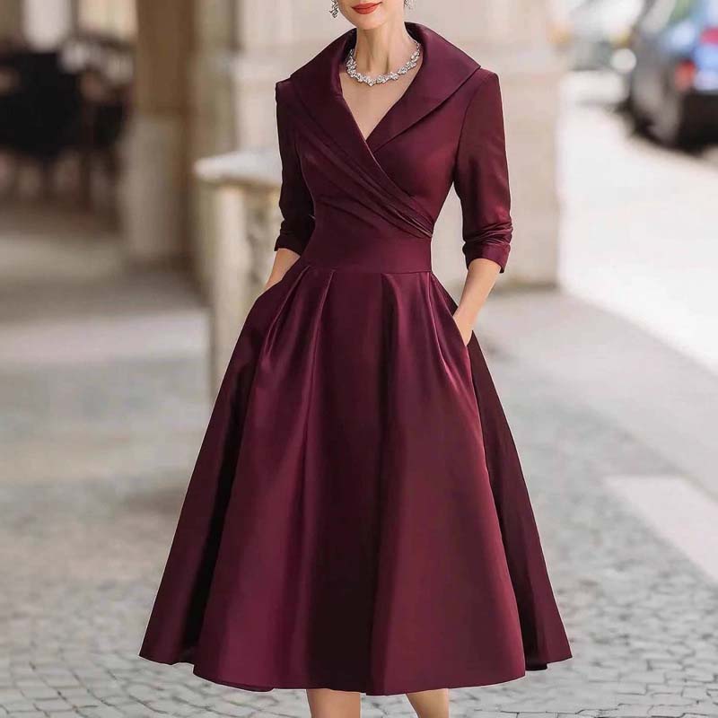 Women's Long-Sleeve Pleated A-Line Midi Dress