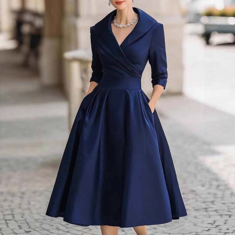 Women's Long-Sleeve Pleated A-Line Midi Dress