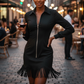 Women's Collared Zip-Up Mini Dress with Fringe Hem