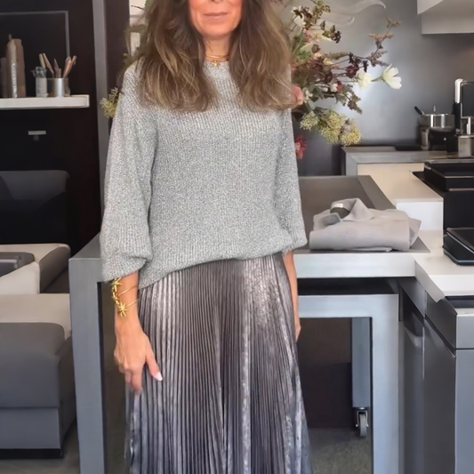 Elegant Knit Sweater & Metallic Pleated Skirt Set
