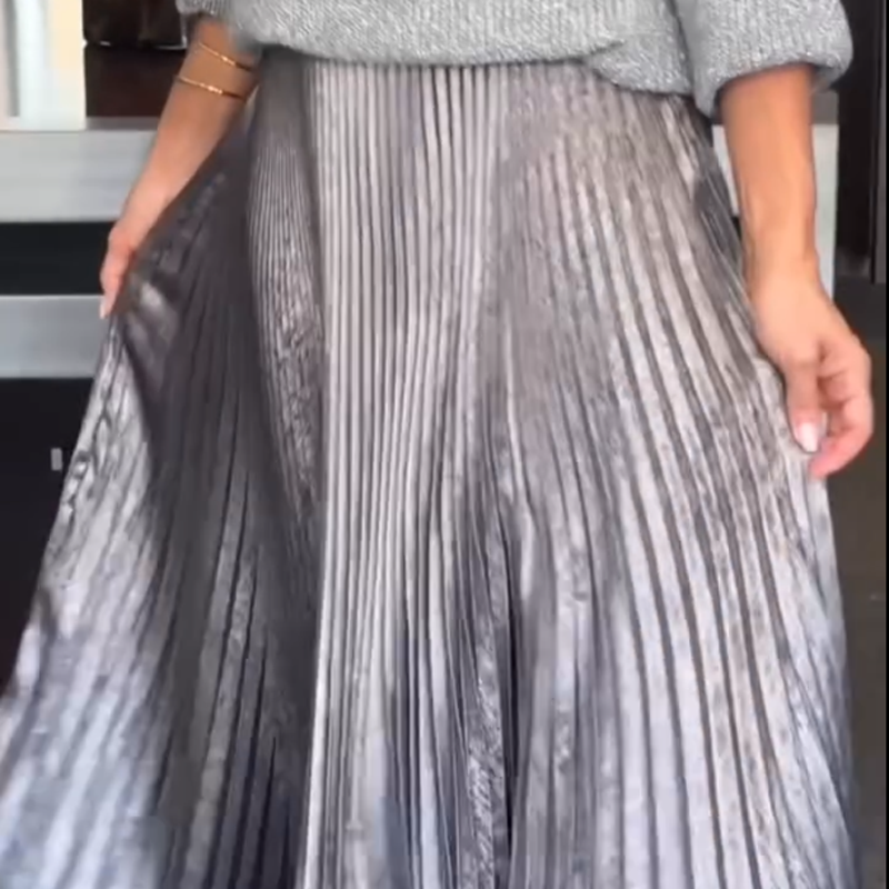Elegant Knit Sweater & Metallic Pleated Skirt Set