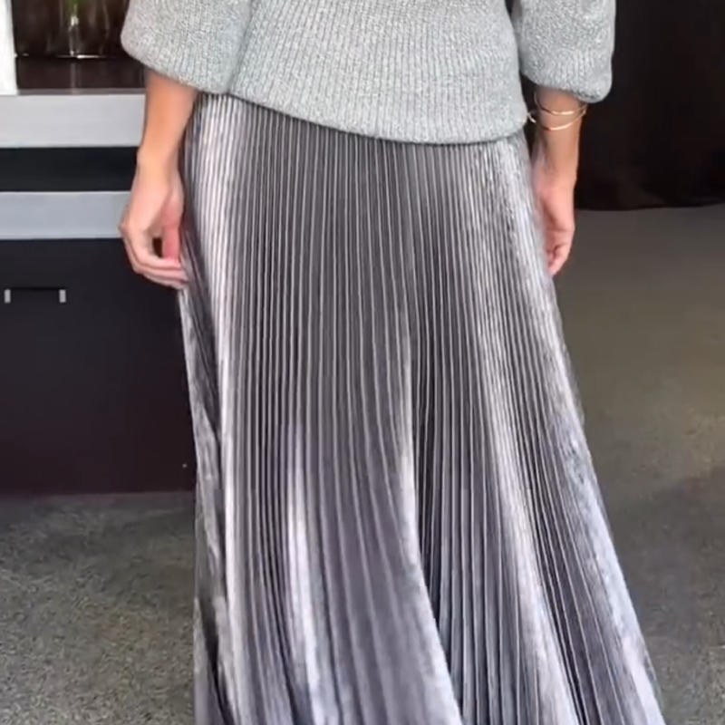 Elegant Knit Sweater & Metallic Pleated Skirt Set