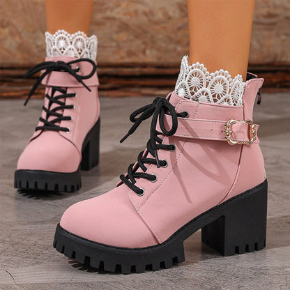 ⏳Limited-time 50% off⏰Lace Trim Chunky Heel Ankle Boots👢