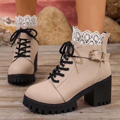 ⏳Limited-time 50% off⏰Lace Trim Chunky Heel Ankle Boots👢