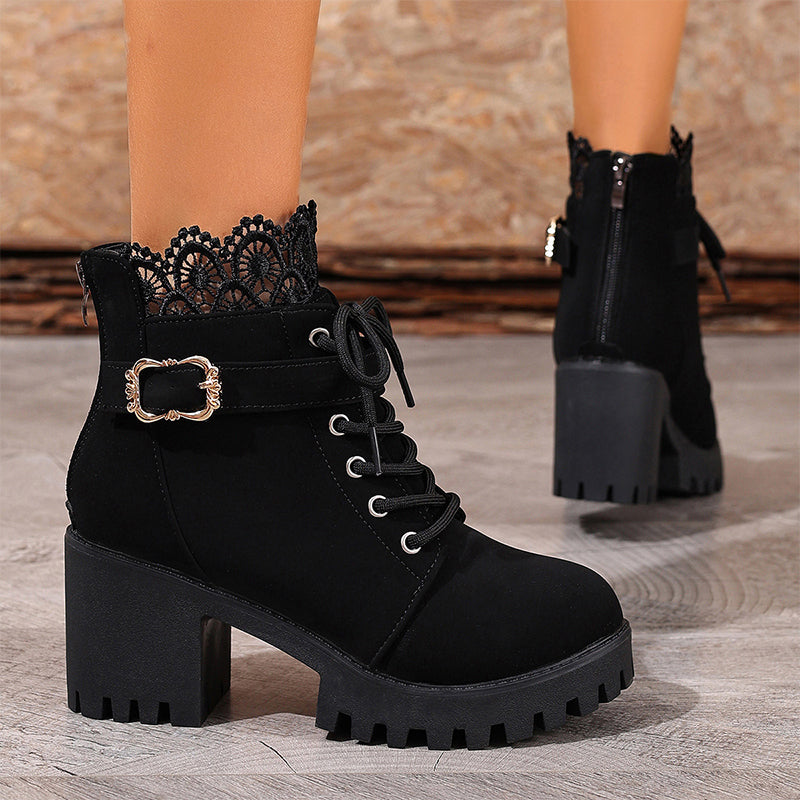 ⏳Limited-time 50% off⏰Lace Trim Chunky Heel Ankle Boots👢