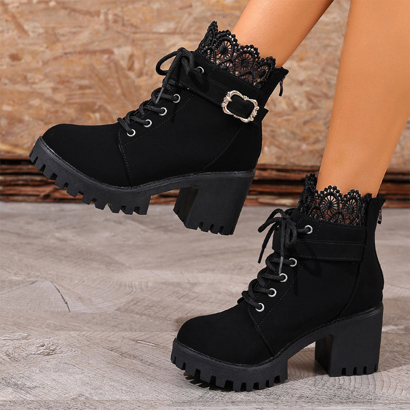 ⏳Limited-time 50% off⏰Lace Trim Chunky Heel Ankle Boots👢