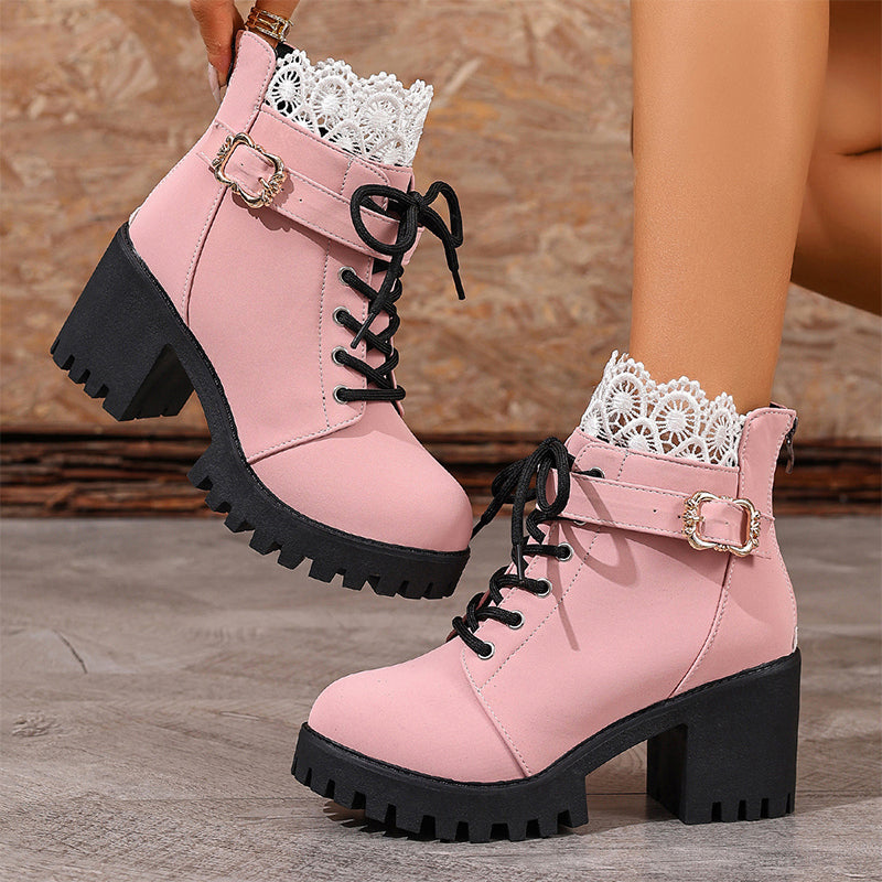 ⏳Limited-time 50% off⏰Lace Trim Chunky Heel Ankle Boots👢