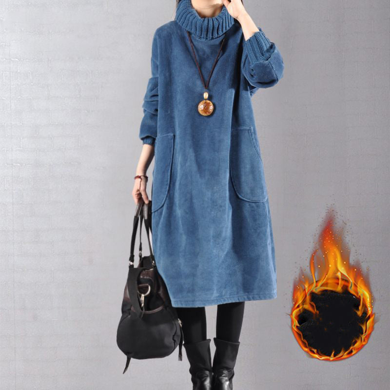 Women’s High Neck Loose Corduroy Maxi Dress