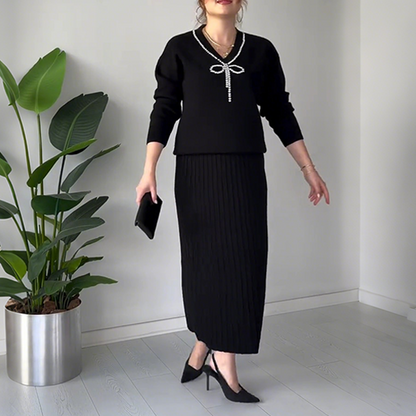 Women's Elegant Rhinestone Bow Two-Piece Sweater & Skirt Set