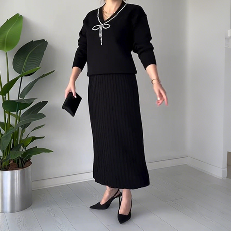 Women's Elegant Rhinestone Bow Two-Piece Sweater & Skirt Set