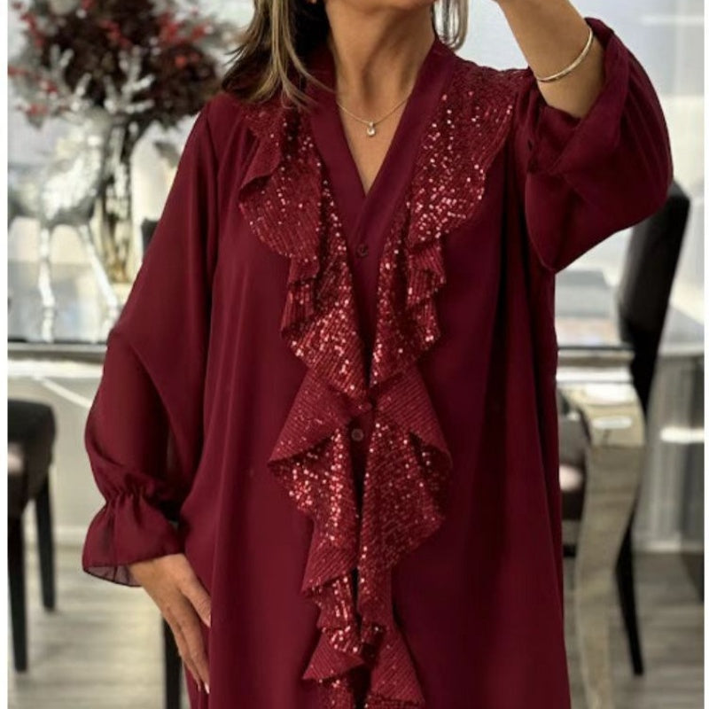 🎅 HOLIDAY HAUL SALE✨Women's V-Neck Chiffon Sequin Long Sleeve Shirt🎁