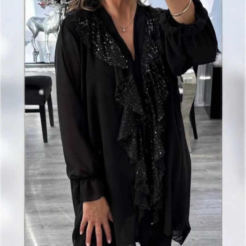⏳Time-Limited Special⏰Women's V-Neck Chiffon Sequin Long Sleeve Shirt🎁