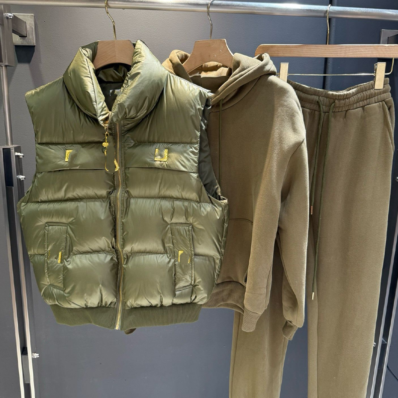 Women's 3-Piece Puffer Vest, Hoodie & Joggers Set